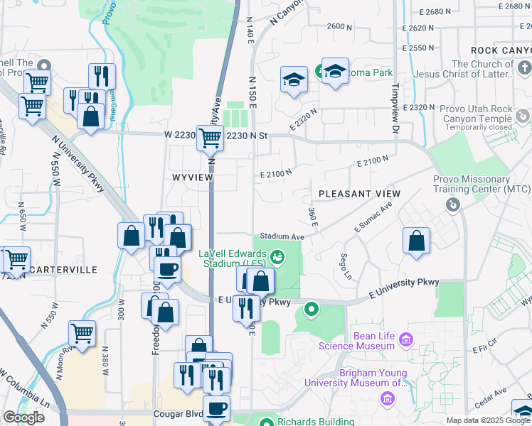 map of restaurants, bars, coffee shops, grocery stores, and more near 1960 North Canyon Road in Provo