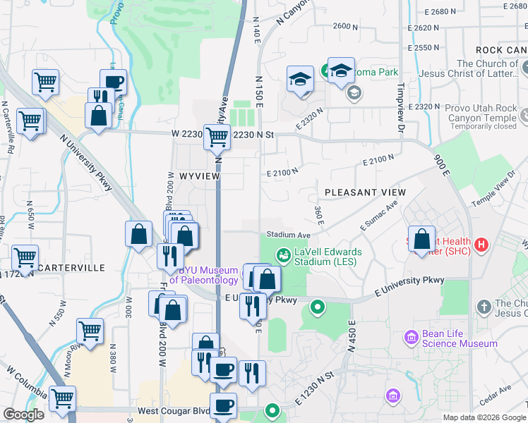 map of restaurants, bars, coffee shops, grocery stores, and more near 1960 North Canyon Road in Provo
