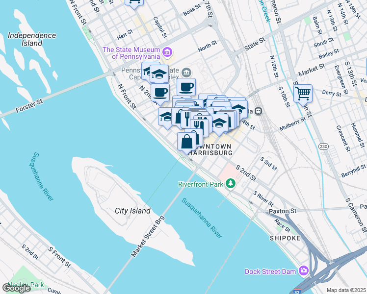 map of restaurants, bars, coffee shops, grocery stores, and more near 114 Walnut Street in Harrisburg
