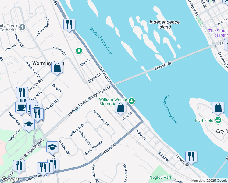 map of restaurants, bars, coffee shops, grocery stores, and more near 436 North Front Street in Wormleysburg