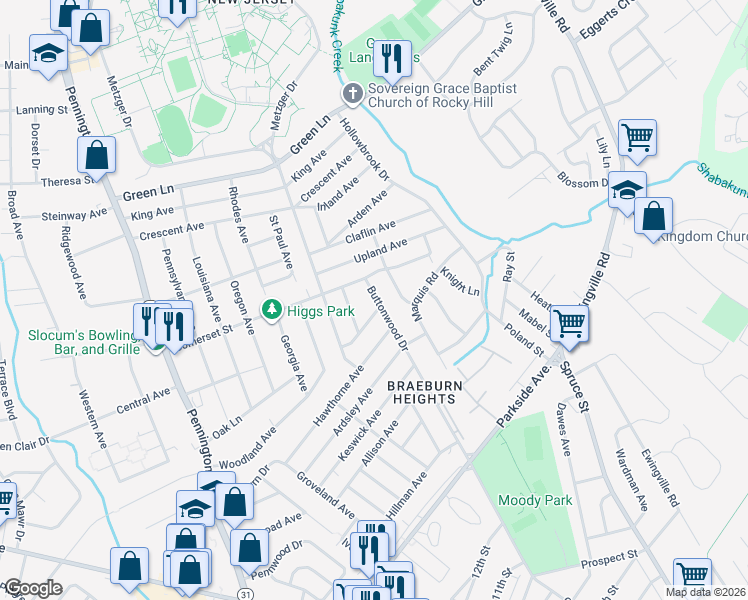 map of restaurants, bars, coffee shops, grocery stores, and more near 209 Buttonwood Drive in Ewing Township