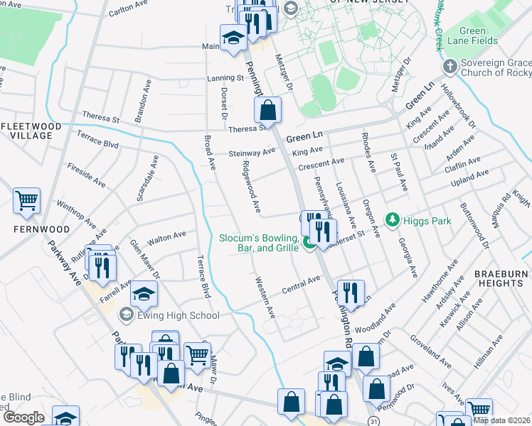 map of restaurants, bars, coffee shops, grocery stores, and more near 22 Carolina Avenue in Ewing Township