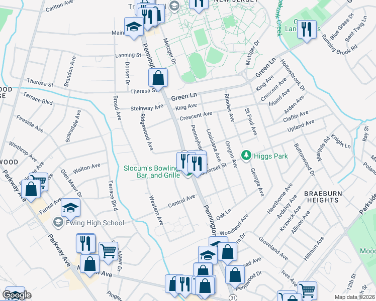 map of restaurants, bars, coffee shops, grocery stores, and more near 1800 Pennington Road in Ewing Township
