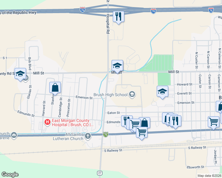 map of restaurants, bars, coffee shops, grocery stores, and more near 619 Hospital Road in Brush