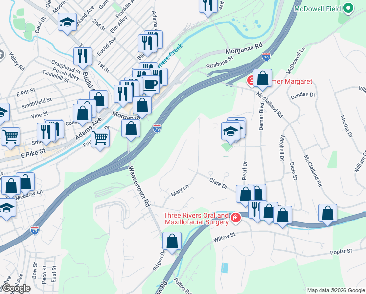 map of restaurants, bars, coffee shops, grocery stores, and more near 1030 Highland Drive in Canonsburg