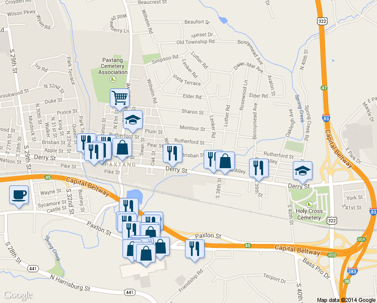map of restaurants, bars, coffee shops, grocery stores, and more near 3730 Brisban Street in Harrisburg