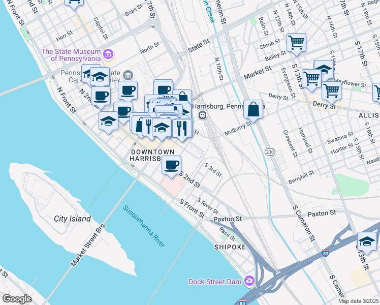 map of restaurants, bars, coffee shops, grocery stores, and more near 305 Chestnut Street in Harrisburg