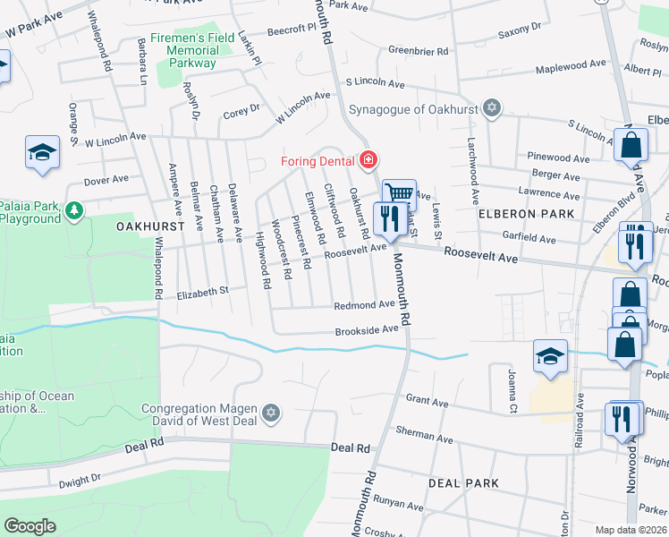 map of restaurants, bars, coffee shops, grocery stores, and more near 414 Roosevelt Avenue in Monmouth County