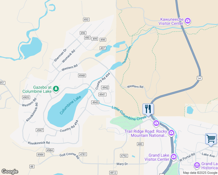 map of restaurants, bars, coffee shops, grocery stores, and more near 295 Alpine Circle in Grand Lake