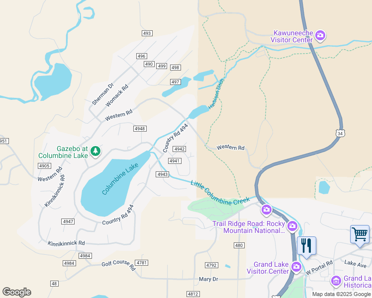 map of restaurants, bars, coffee shops, grocery stores, and more near 295 Alpine Circle in Grand Lake