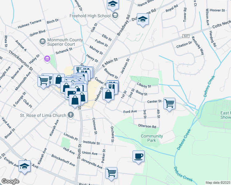 map of restaurants, bars, coffee shops, grocery stores, and more near 30 Jackson Street in Freehold