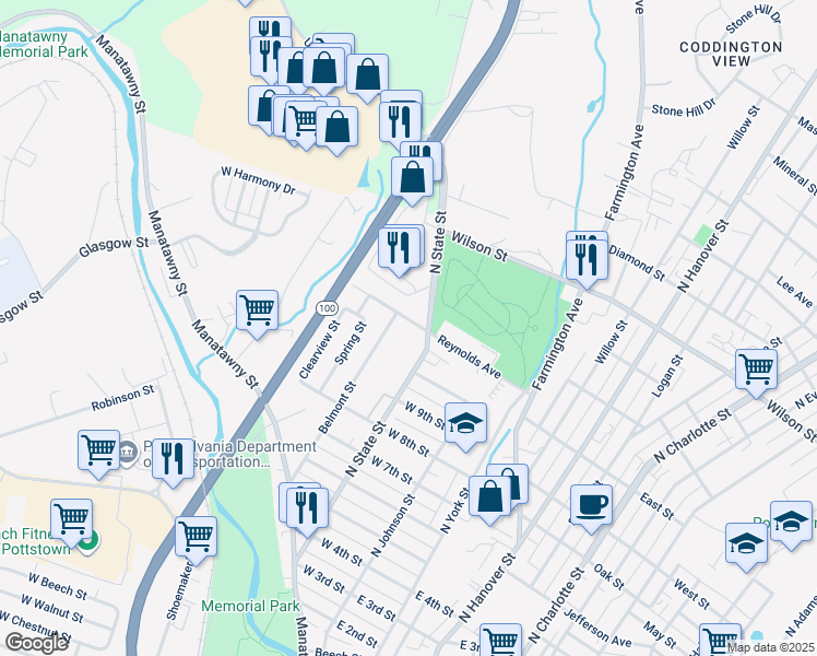 map of restaurants, bars, coffee shops, grocery stores, and more near 124 Reynolds Avenue in Pottstown