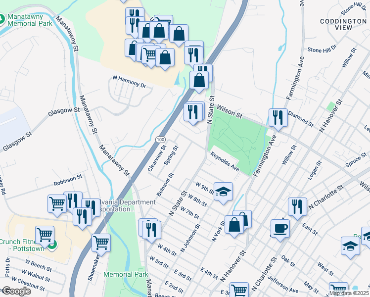 map of restaurants, bars, coffee shops, grocery stores, and more near 571 Belmont Street in Pottstown