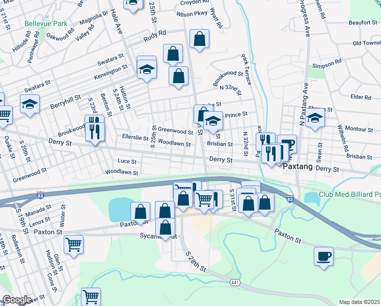 map of restaurants, bars, coffee shops, grocery stores, and more near 2712 Derry Street in Harrisburg