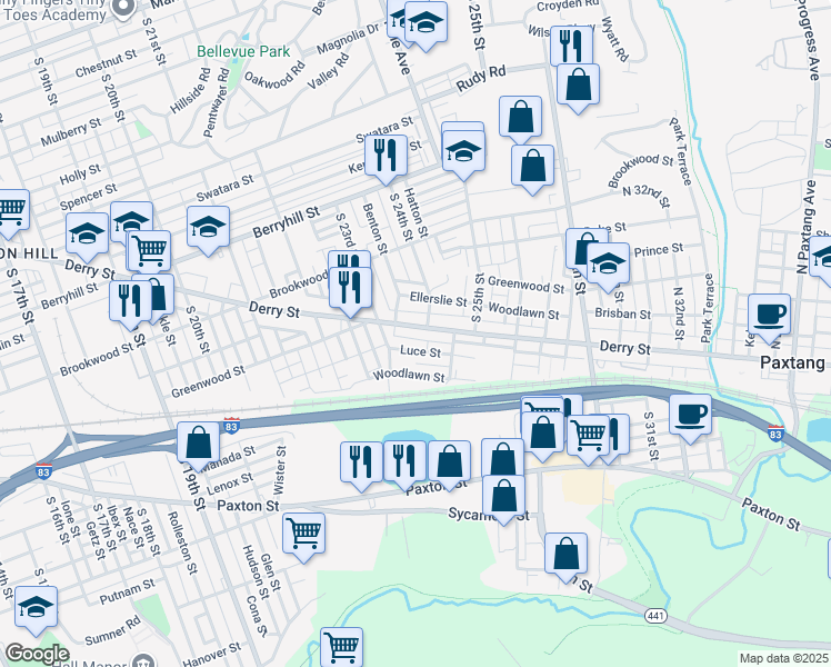 map of restaurants, bars, coffee shops, grocery stores, and more near 2337 Derry Street in Harrisburg