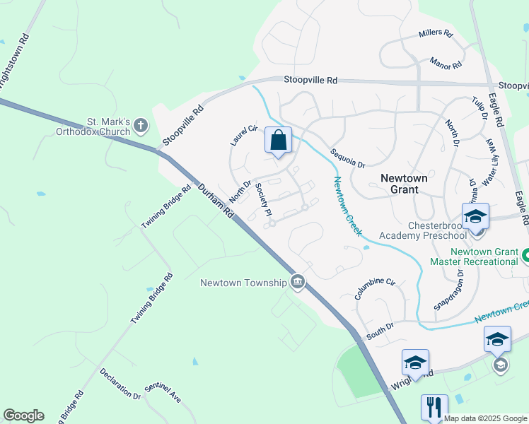 map of restaurants, bars, coffee shops, grocery stores, and more near 903 Society Place in Newtown