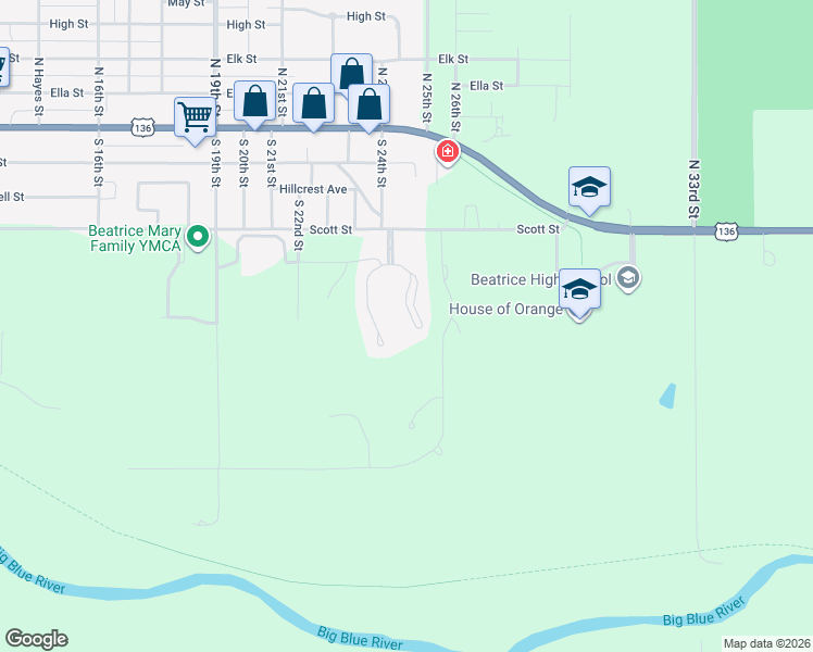 map of restaurants, bars, coffee shops, grocery stores, and more near 703 Spring View Circle in Beatrice