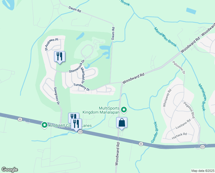 map of restaurants, bars, coffee shops, grocery stores, and more near 73 Sunningdale Circle in Manalapan Township