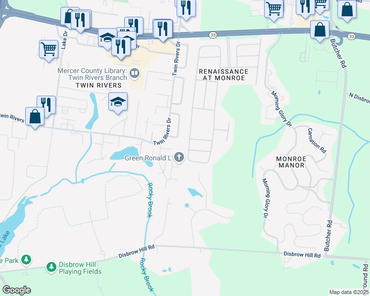 map of restaurants, bars, coffee shops, grocery stores, and more near 221 Valencia Drive in Monroe Township