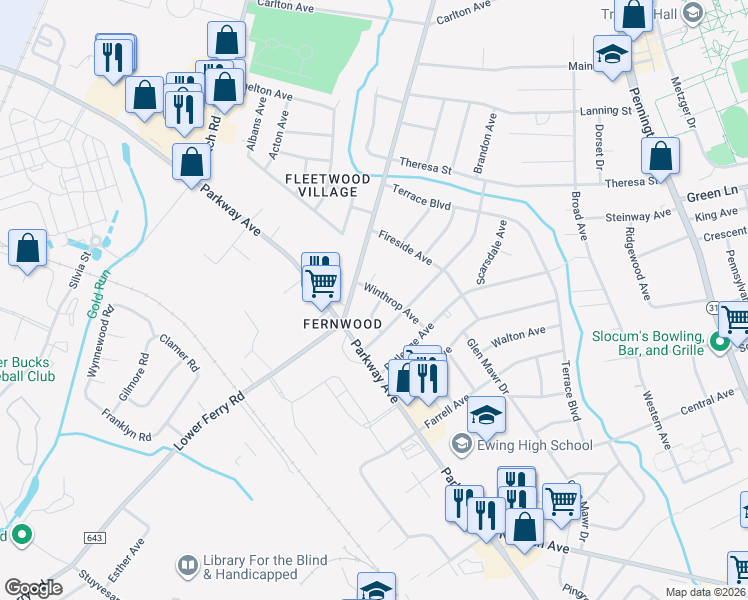 map of restaurants, bars, coffee shops, grocery stores, and more near 15 Dover Court in Ewing Township