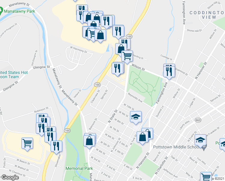 map of restaurants, bars, coffee shops, grocery stores, and more near 571 Belmont Street in Pottstown