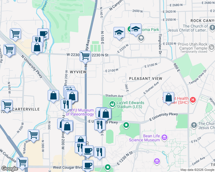map of restaurants, bars, coffee shops, grocery stores, and more near 1960 North Canyon Road in Provo