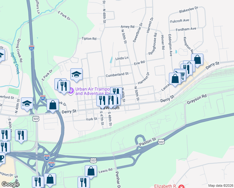 map of restaurants, bars, coffee shops, grocery stores, and more near 4812 Lancaster Street in Harrisburg