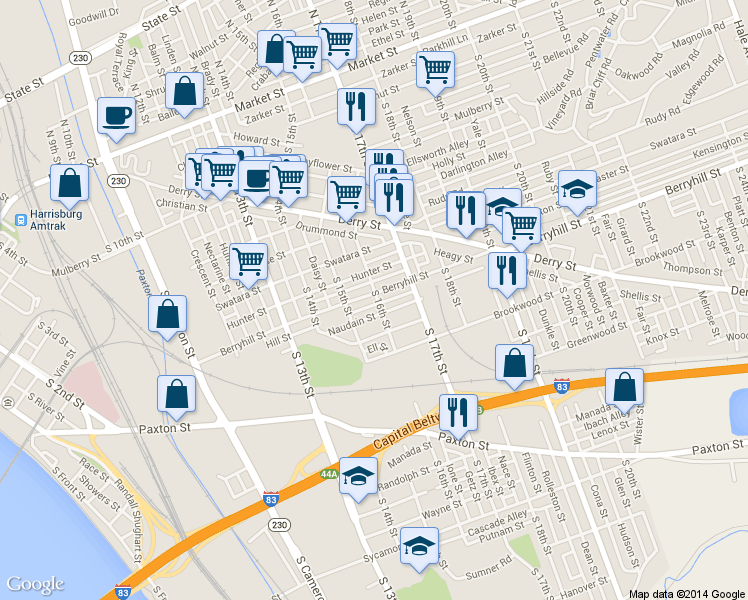 map of restaurants, bars, coffee shops, grocery stores, and more near 1543 Berryhill Street in Harrisburg