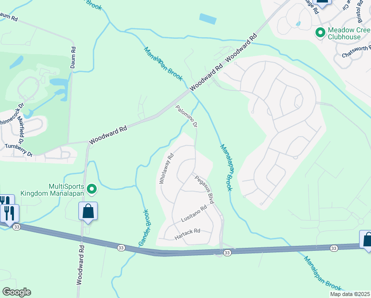 map of restaurants, bars, coffee shops, grocery stores, and more near 56 Whirlaway Road in Manalapan Township