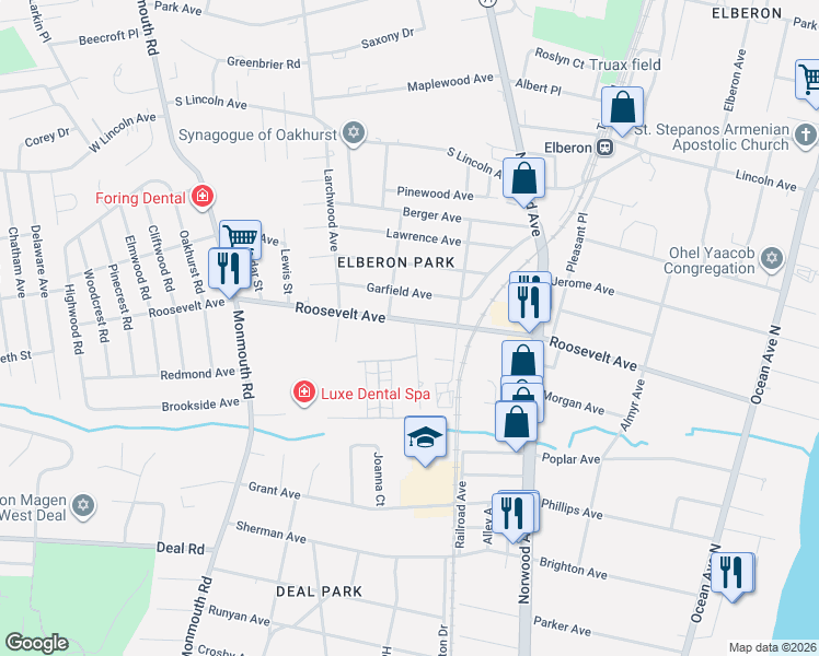 map of restaurants, bars, coffee shops, grocery stores, and more near 280 Roosevelt Avenue in Monmouth County