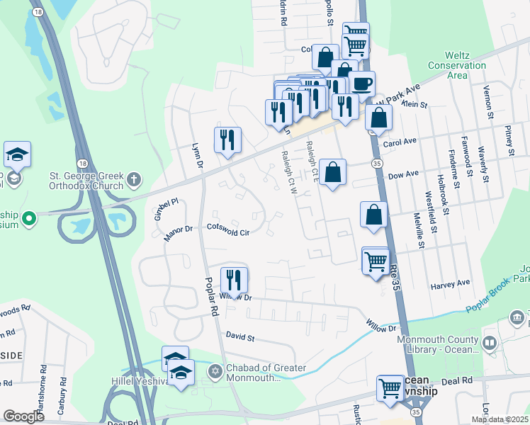 map of restaurants, bars, coffee shops, grocery stores, and more near 87 Cotswold Circle in Asbury Park