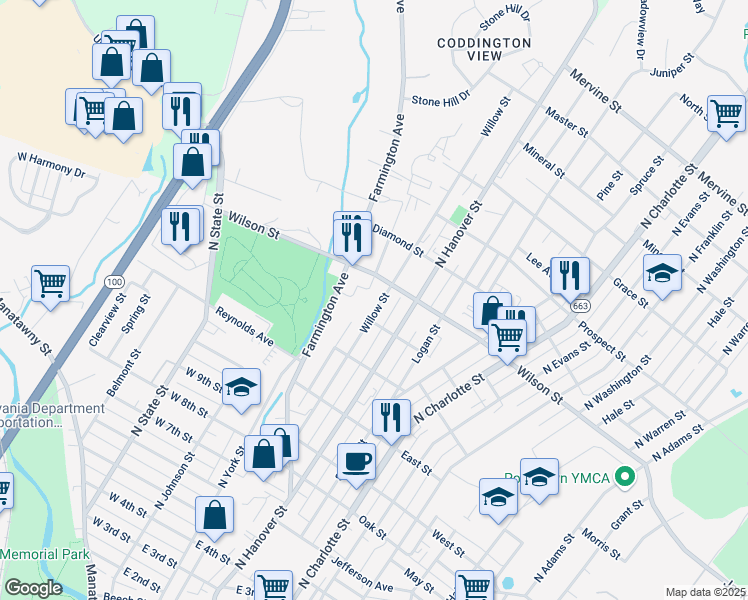 map of restaurants, bars, coffee shops, grocery stores, and more near 792 Willow Street in Pottstown