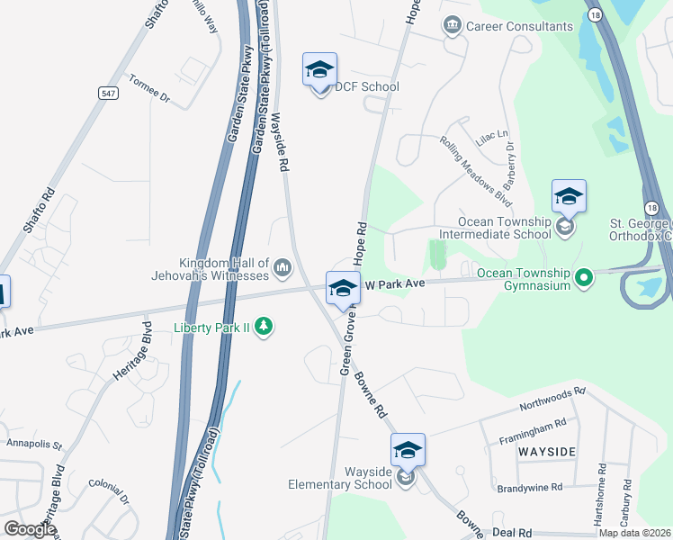 map of restaurants, bars, coffee shops, grocery stores, and more near 10 Wayside Terrace in Tinton Falls