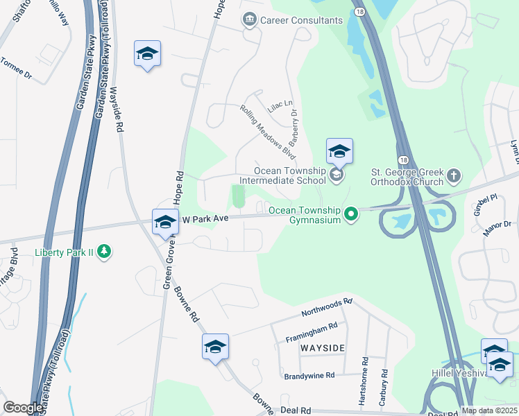 map of restaurants, bars, coffee shops, grocery stores, and more near 1213 West Park Avenue in Monmouth County