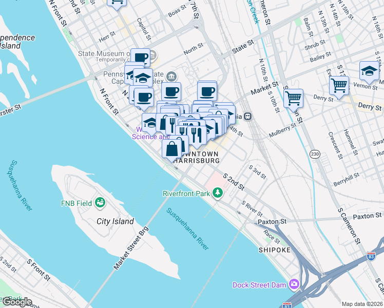 map of restaurants, bars, coffee shops, grocery stores, and more near in Harrisburg