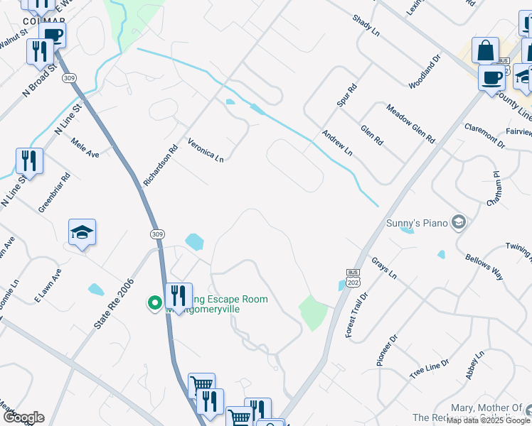 map of restaurants, bars, coffee shops, grocery stores, and more near 132 Country Club Drive in Lansdale