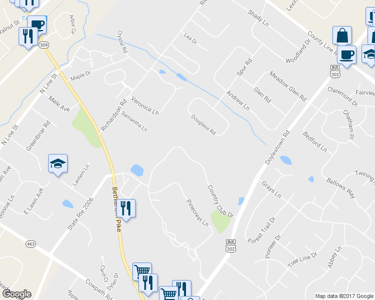 map of restaurants, bars, coffee shops, grocery stores, and more near 132 Country Club Drive in Lansdale