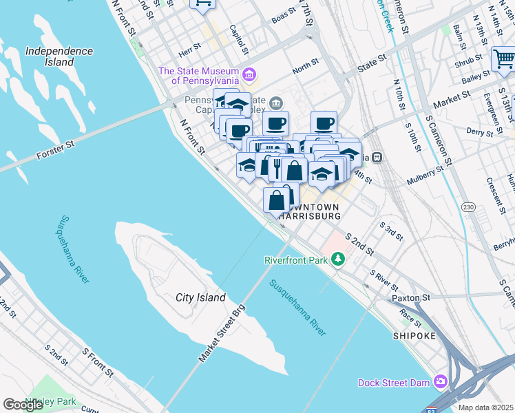 map of restaurants, bars, coffee shops, grocery stores, and more near 153 North Front Street in Harrisburg