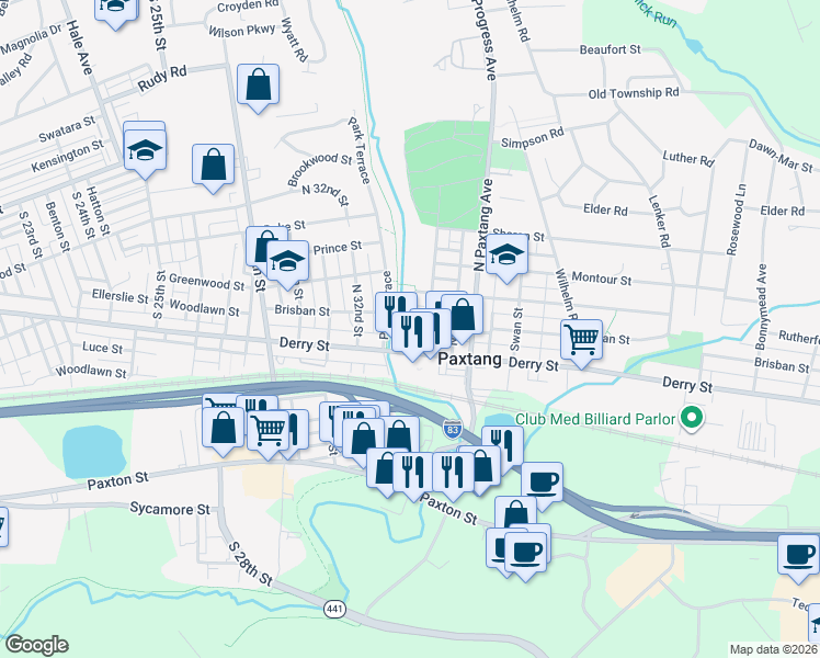 map of restaurants, bars, coffee shops, grocery stores, and more near 3315 Brisban Street in Harrisburg