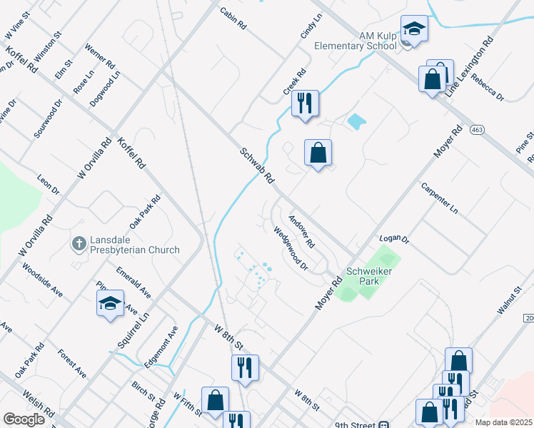map of restaurants, bars, coffee shops, grocery stores, and more near 962 Wedgewood Drive in Lansdale