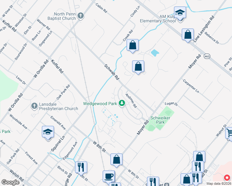 map of restaurants, bars, coffee shops, grocery stores, and more near 966 Wedgewood Drive in Lansdale
