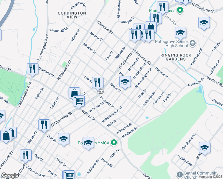 map of restaurants, bars, coffee shops, grocery stores, and more near 941 North Evans Street in Pottstown