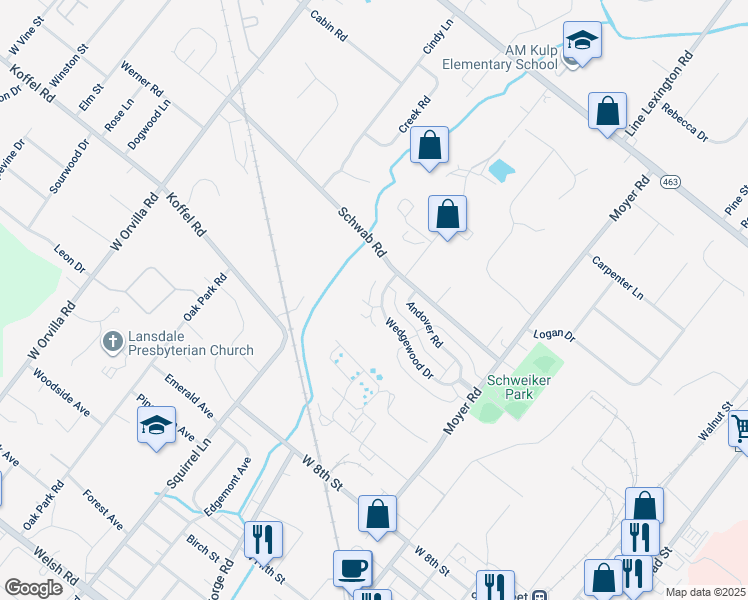 map of restaurants, bars, coffee shops, grocery stores, and more near 962 Wedgewood Drive in Lansdale
