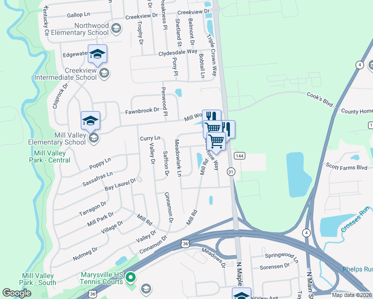 map of restaurants, bars, coffee shops, grocery stores, and more near 418 Bent Tree Dr in Marysville