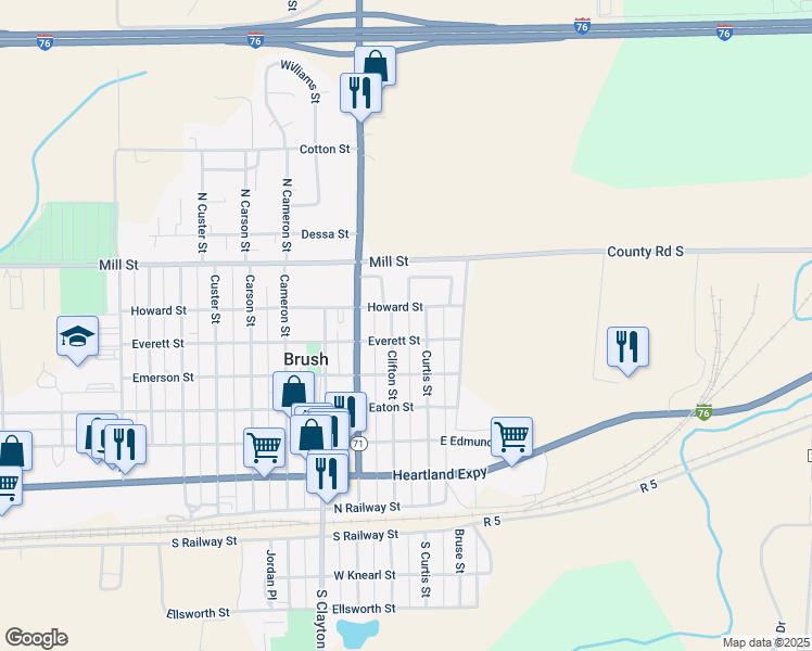 map of restaurants, bars, coffee shops, grocery stores, and more near 615 Clifton Street in Brush