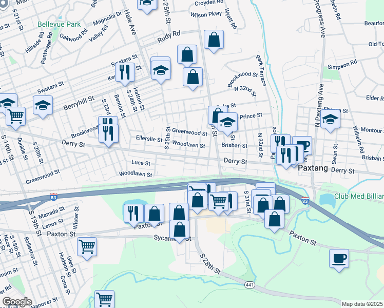 map of restaurants, bars, coffee shops, grocery stores, and more near 2614 Derry Street in Harrisburg