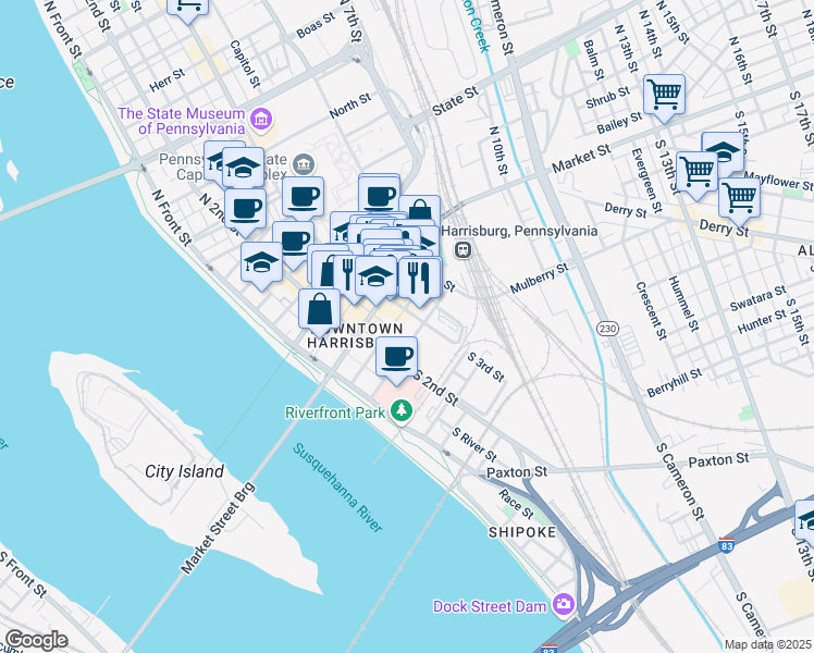 map of restaurants, bars, coffee shops, grocery stores, and more near 222 Chestnut Street in Harrisburg