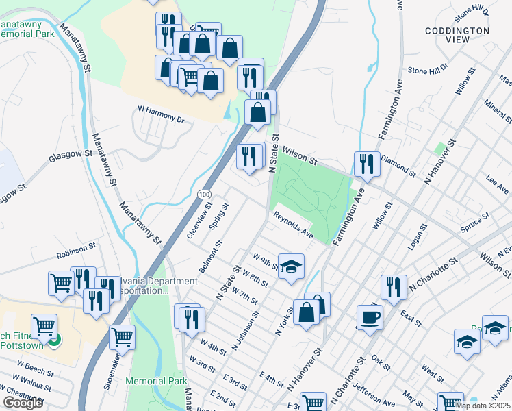 map of restaurants, bars, coffee shops, grocery stores, and more near 124 Reynolds Avenue in Pottstown