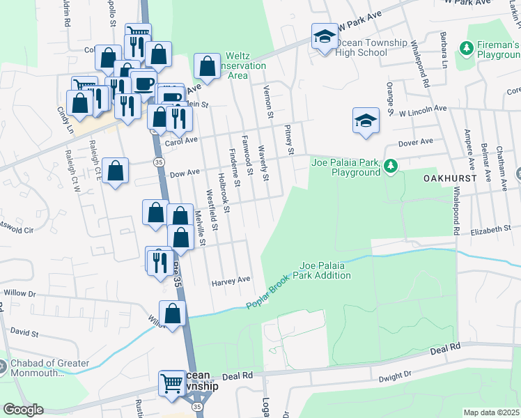 map of restaurants, bars, coffee shops, grocery stores, and more near 1709 Fanwood Street in Ocean Township