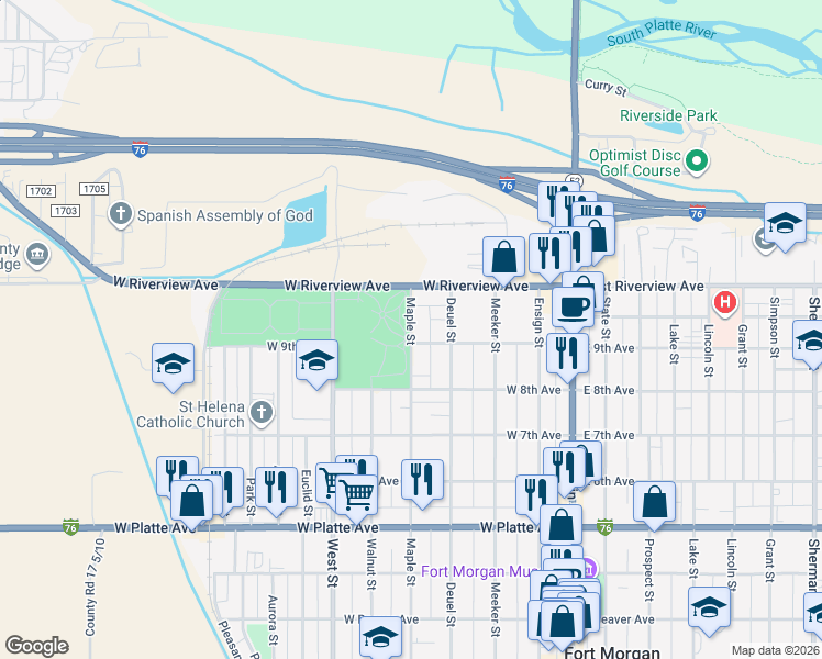 map of restaurants, bars, coffee shops, grocery stores, and more near 1016 Maple Street in Fort Morgan